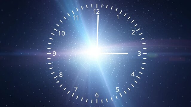 Infinity cosmos time looping clock on artistic glowing light universe science animation background.