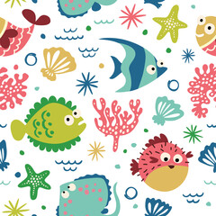 Cute seamless background with fish, coral and starfish.
