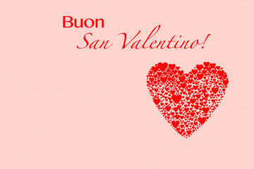 Red text Happy Valentine's in italian and big heart composed of many little hearts on the gentle rose background