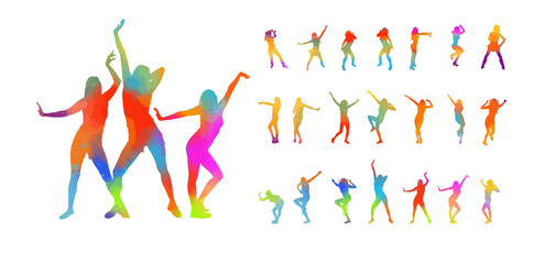 Dancing colorful girls. Set of rainbow silhouettes. Vector illustration