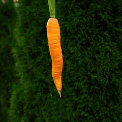 Fresh carrot hanging on a green background.