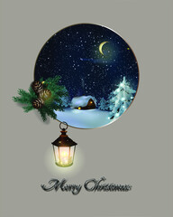 christmas card with moon and tree