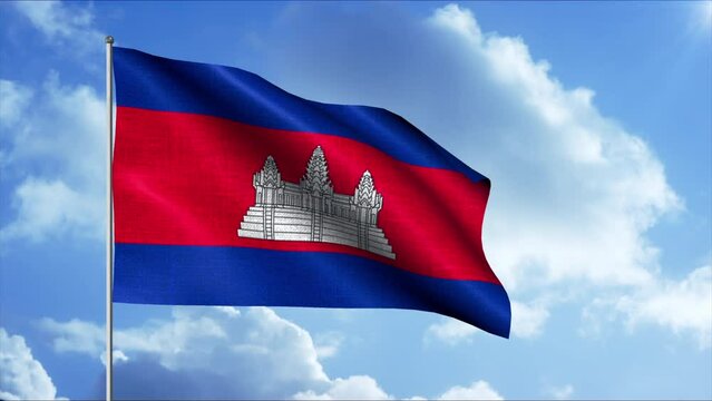 Flag of Cambodia. Motion. The modern flag of the Kingdom of Cambodia is a panel with three horizontal stripes of blue and red of different sizes in the center with a white palace.