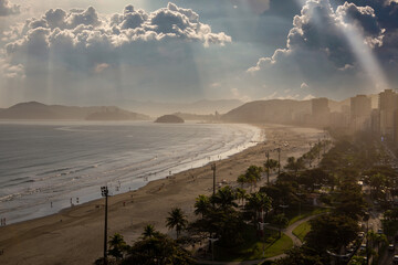 Santos beach panoramic view from above. With sunset in the background