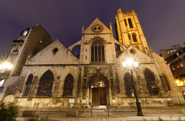 Fototapeta na wymiar The Church of Saint-Nicolas-des-Champs at night . It is a Catholic church in Paris Third arrondissement.