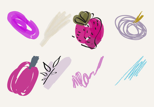 Set of Artistic Hand Drawn Fruits Flowers and Scribbles