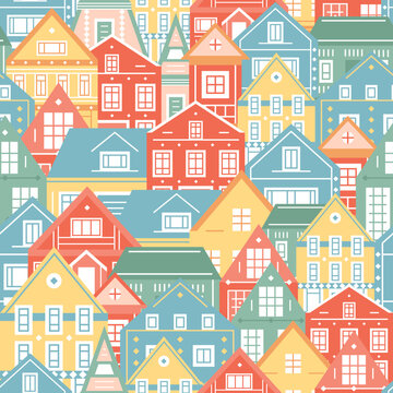 Cityscape of european city street view seamless pattern. Colorful village houses vector illsutration. For interior decor, poster adn fabric print design.