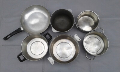 Pots and frying pan on a light background