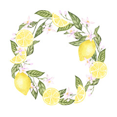 watercolor lemon circle frame. hand drawn banner on white background. Botanical illustration yellow citrus fruits, flowers, green leaves. For food design. kitchen textile, fabrics, tableware.