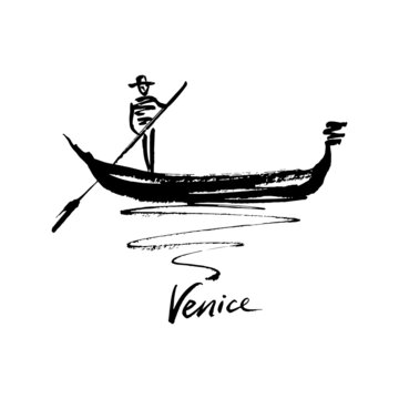 Gondolier on a gondola. Ink illustration.