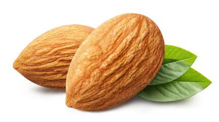 Plakat Two almonds with leaves close-up, isolated on white background