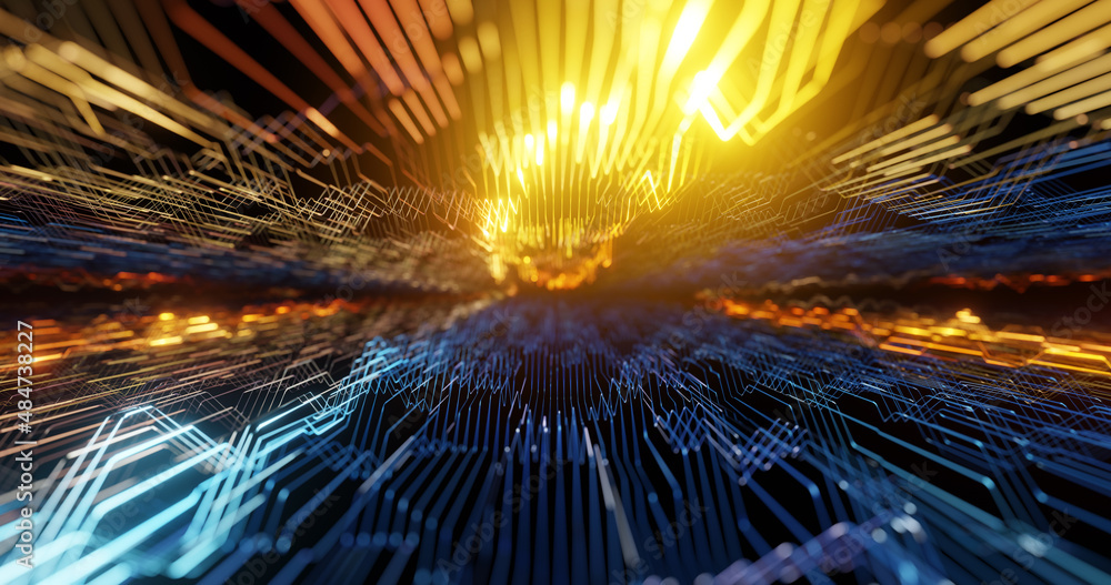 Poster lightning fast internet speed. bright neon circuit lights in direct stream. acceleration of digital 