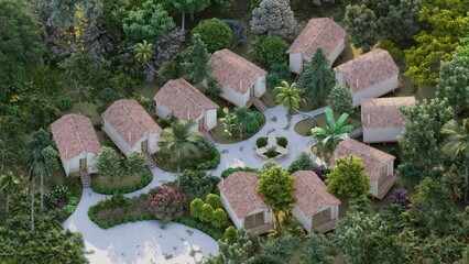 Set of ecolodge hotel bungalows , aerial view