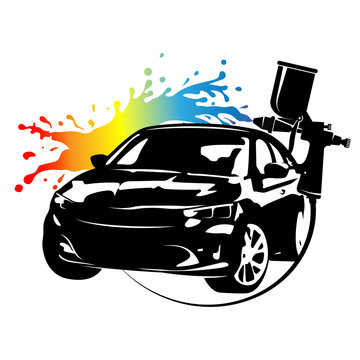 Spray painting car symbol. Colored blots and drops of paint. Automotive paint shop