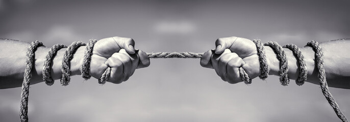 Two hands, helping hand, arm, friendship. Rope, cord. Hand holding a rope, climbing rope, strength...
