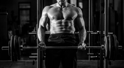Fototapeta na wymiar Barbells workout. Muscular man workout with barbell at gym. Bodybuilder athletic man with six pack, perfect abs, shoulders, biceps, triceps, chest