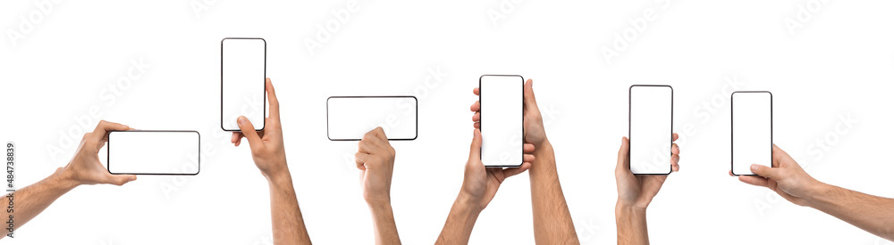 Wall mural Male hands holding smartphone with blank screen in different orientation