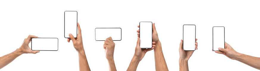 Male hands holding smartphone with blank screen in different orientation