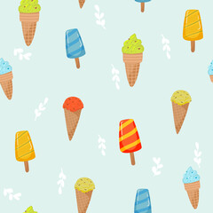 Ice creams seamless pattern. Summer holidays with popsicles, ice cream cones frozen dessert. Cartoon sweet food vector texture on blue . hand drawing