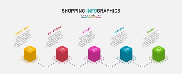 Concept of shopping process with 5 successive steps. Five colorful graphic elements. Timeline design for brochure, presentation, web site. Infographic design layout.