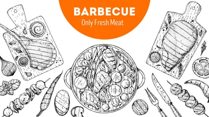 Fotobehang Steak House menu. Bbq grill food sketch. Menu design template. Grilled meat and vegetables frame. Vector illustration. Engraved design. Hand drawn illustration. © DiViArts