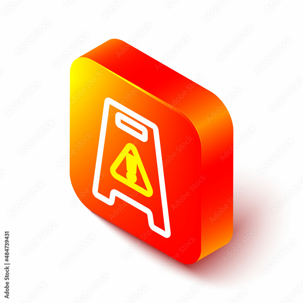 Poster isometric line wet floor and cleaning in progress icon isolated on white background. cleaning servic