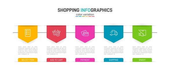 Concept of shopping process with 5 successive steps. Five colorful graphic elements. Timeline design for brochure, presentation, web site. Infographic design layout.