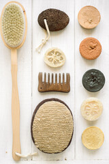 natural eco beauty handmade herbal soap. luffa sponge, clay for making facial or body mask