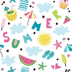 Seamless pattern with the inscription summer. Summer background with whale, ice cream, umbrellas, ships, beach, flip-flops, cocktail, towel and hearts.