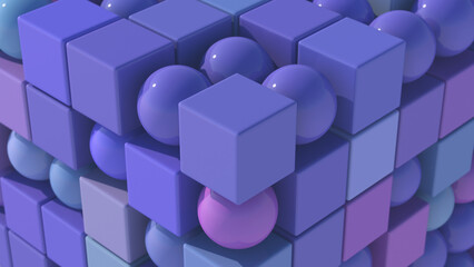 Group of blue and purple cubes and balls. Abstract illustration, 3d render, close-up.