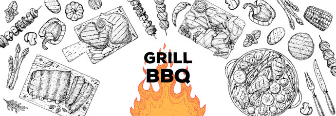 Bbq grill food sketch. Menu design template. Grilled meat and vegetables frame. Vector illustration. Engraved design. Hand drawn illustration.