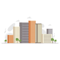 Obraz premium City center or downtown area vector illustration in flat style. Metropolis or megalopolis landscape with office buildings and business centres. Cityscape concept.