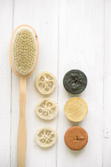 natural eco beauty handmade herbal soap. luffa sponge, clay for making facial or body mask