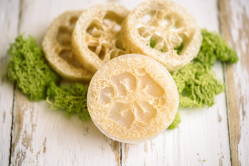 natural eco beauty handmade herbal soap. luffa sponge, clay for making facial or body mask