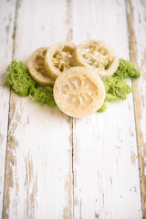 natural eco beauty handmade herbal soap. luffa sponge, clay for making facial or body mask
