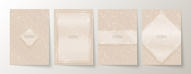 Vector celestial luxury backgrounds set in light soft nude colors with zodiac constellations, golden lines and glass copy space. A4 remium glossy elegant templates with shiny stars for notebook cover © Murhena