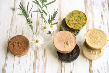 natural eco beauty handmade herbal soap. luffa sponge, clay for making facial or body mask