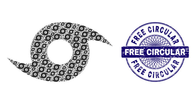 Recursion collage storm whirlpool and Free Circular round rubber stamp imitation. Violet stamp seal includes Free Circular caption inside circle and guilloche decoration.