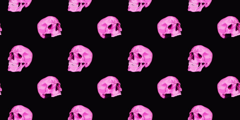 Seamless pattern for fabric design, wallpaper. Neon pink skulls on a dark background. Manual drawing, mystical illustration.