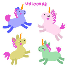 Hand drawn colorful unicorns collection. Perfect for T-shirt, stickers and print. Doodle vector illustration for decor and design.
