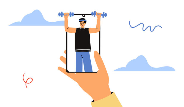 Male online fitness trainer. Workout videos on your phone. A man holds dumbbells in his hands. Vector illustration