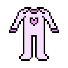 Fototapeta premium Pixel art pink footed infant sleepsuit with heart symbol isolated on white background. Babygrow for a girl. Child fashion. Old school retro vintage 90s, 80s 8 bit slot machine, 2d video game graphics.
