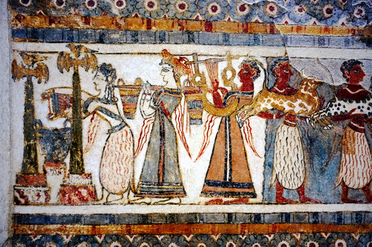 Wall painting of religious procession and offerings  of ancient Crete. Offerings to God, and Goddess 