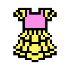 Fototapeta premium Pixel art symbol of pink and yellow little girls' dress isolated on white background. Children's summer fashion look. Stylish kid clothes icon. Retro 90s, 80s 8 bit slot machine, video game graphics.