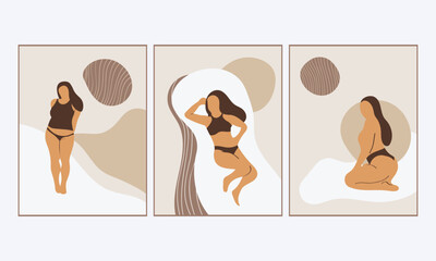 Set with abstract female figures in a minimal style. Vector poster with a woman in underwear. Vector vintage illustration for home decor.