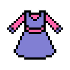 Fototapeta premium Pixel art symbol of little girls' dress isolated on white background. Children's fashion look. Stylish kid clothes icon. Old school retro vintage 90s, 80s 8 bit slot machine, 2d video game graphics.