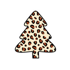 Christmas trees with leopard print. Collection of Christmas tree with leopard pattern, leopard skin. Colorful illustration of New Year design for banner, postcard, greeting card. Vector illustration.