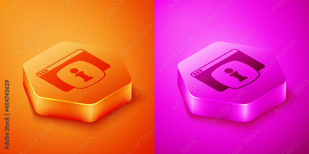 Poster isometric computer monitor with text faq information icon isolated on orange and pink background. fr
