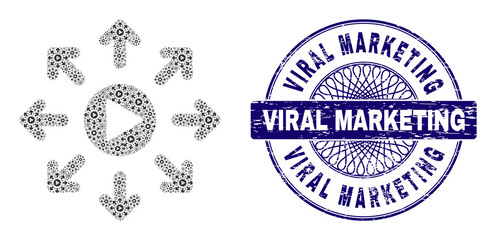 Recursive mosaic viral marketing and Viral Marketing round corroded stamp seal. Violet stamp seal includes Viral Marketing caption inside circle and guilloche decoration.