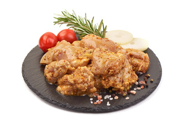 Chicken kebab, ready to cook, BBQ, isolated on white background.